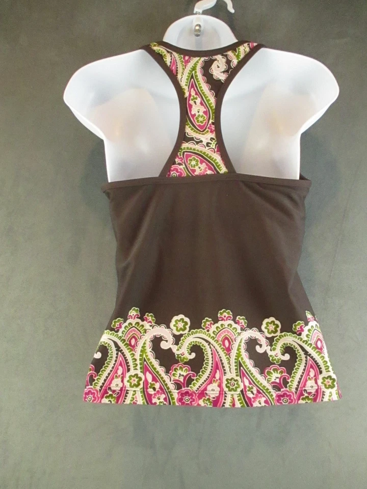 Athleta Tankini Swimsuit Top Womens Medium Brown Pink Paisley Racerback Athletic - Image 3 of 4