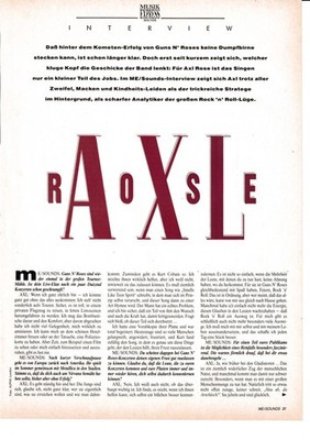 AXL ROSE  (Guns N' Roses) -  Clipping/Bericht von 1992- Musikzeitschrift