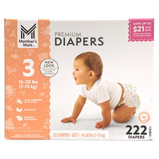 Member's Mark Premium Diapers, Hypoallergenic, Size 3 16-28lbs. , 222 Count.