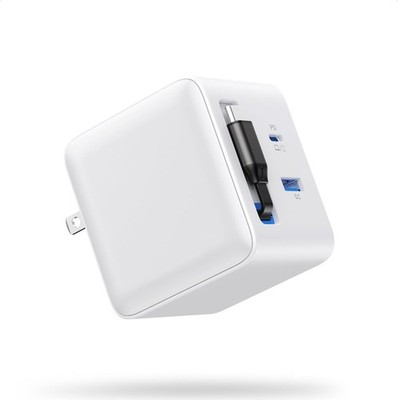 65W Retractable USB-C USB-A Fast Charger Block With Dual Ports Foldable Plug
