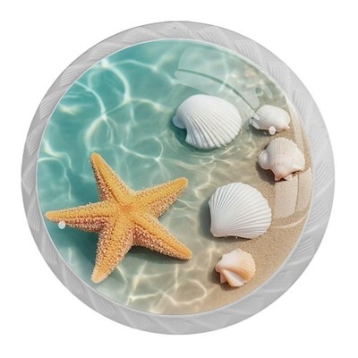 4 Pack Cabinet Knobs, Starfish Shell Beach Waves White Knobs with Screws Roun...
