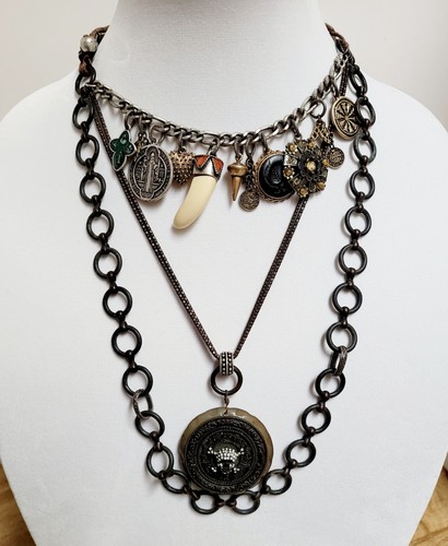 Vintage Lucky Brand Layered Pendant, Charms Rhinestone Necklace Signed - Picture 9 of 14