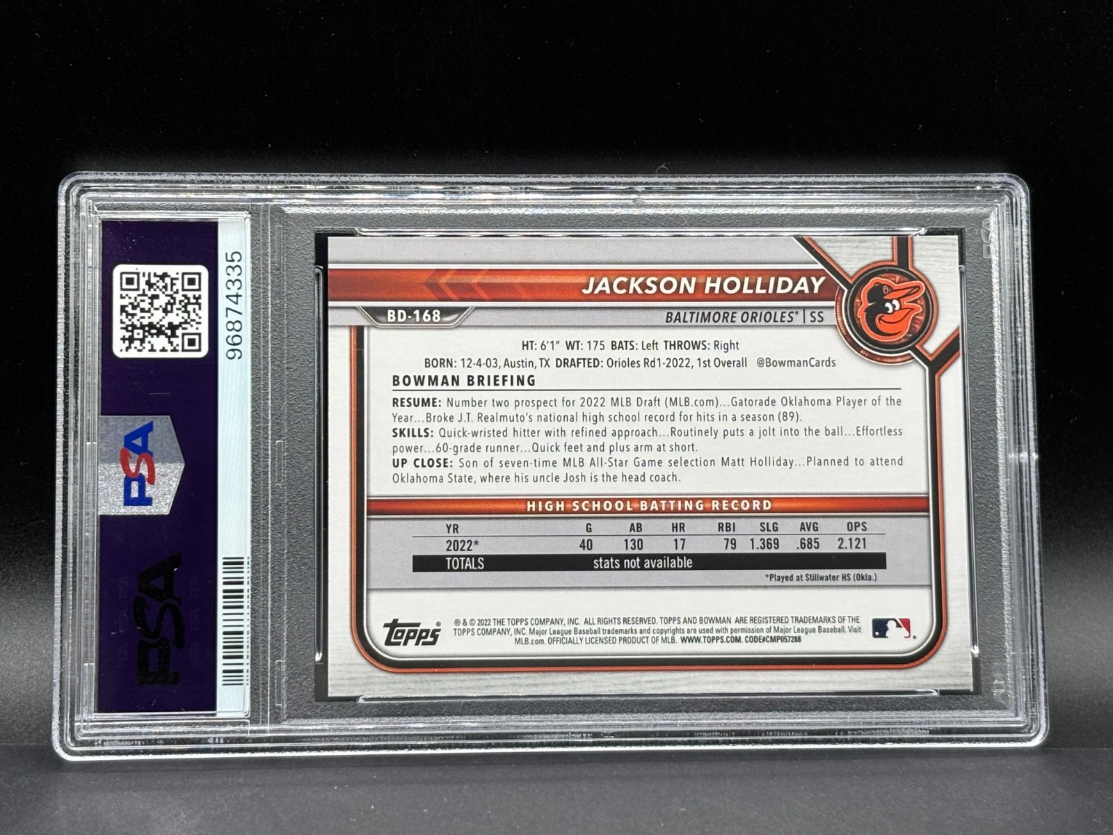 2022 1st Bowman Draft #BD168 Jackson Holliday PSA 10 view 2