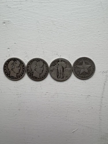 Lot of 4- 90% Silver Quarters - Standing Liberty, Barber, Libertad