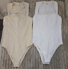 Set Of 2 Womens Ribbed Snatching Bodysuit Tummy Control White Beige Large