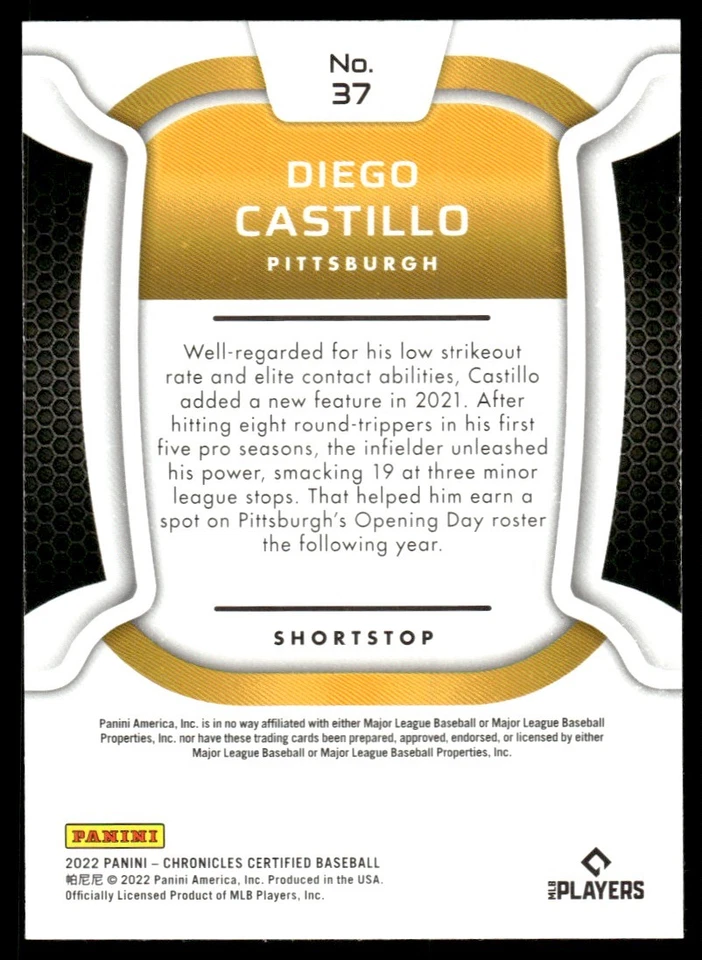 2022 Panini Chronicles Certified Diego Castillo Pittsburgh Pirates #37 - Image 2 of 2