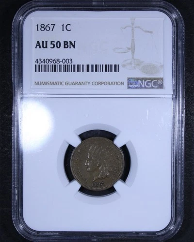 1867 Indian Head Cent - 1c NGC AU50 BN - Brown - Better Date!
