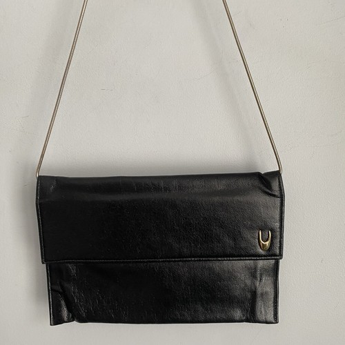 Vintage Shirl Miller Black Leather Flat Snake Chain Strap Shoulder Bag Clutch - Picture 2 of 15