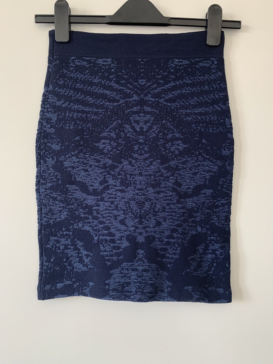 REISS Navy Blue Knit Pencil Skirt Elastic Waistband Stretchy UK Size 4-6