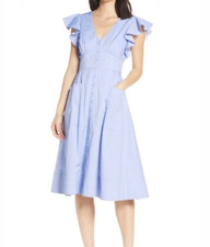 Eliza J Blue Ruffled Short sleeves  Fit Flared Pockets Classic Casual  Dress 6