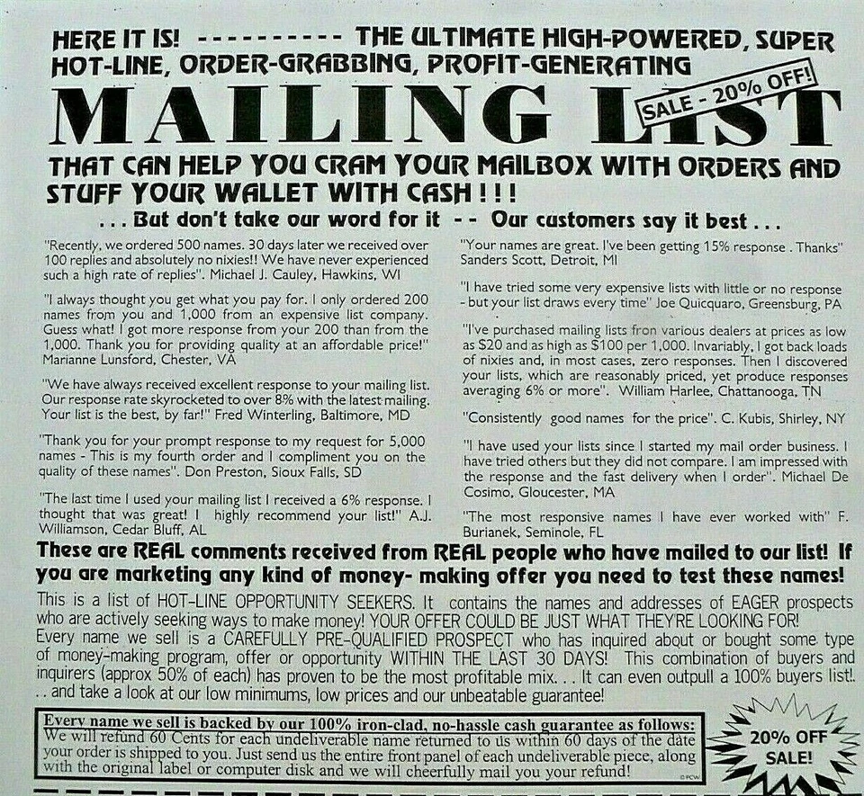 Business Opportunity Seekers Mailing Lists Leads 100 Fresh Peel & Stick Names