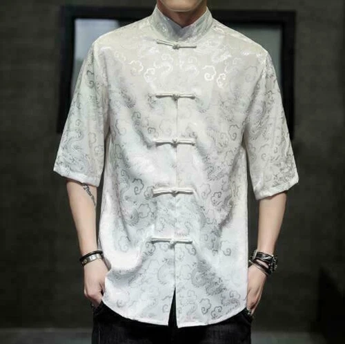 Camisa de seda para hombre manga corta calce ajustado estilo chino cuello alto traje tang tops - Imagen 12 de 15