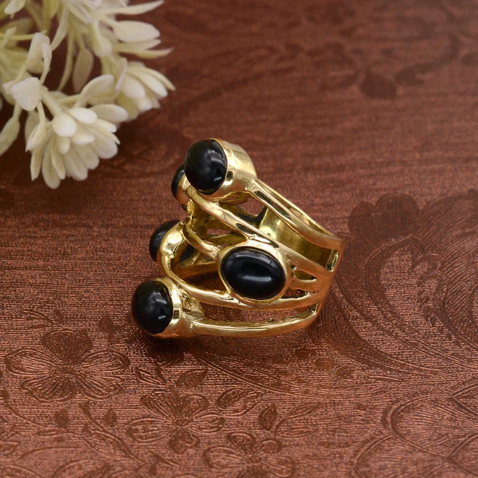 Anel de ouro bronze pedra ônix preto feito à mão anel feminino feminino várias pedras - Imagem 3 de 4