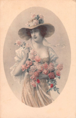 Beautiful Art Nouveau Lady Wearing Hat & Holding Roses-Old PC-M.M. Vienne-M Munk