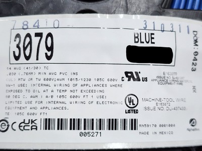 Alpha Wire 3079 #14awg Premium Tinned Copper Hook-Up/Lead Wire 600V Blue /25ft