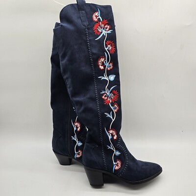 Carlos Santana Womens Boots Size 6.5M Alexia  Floral Navy  Embroidered  Knee 