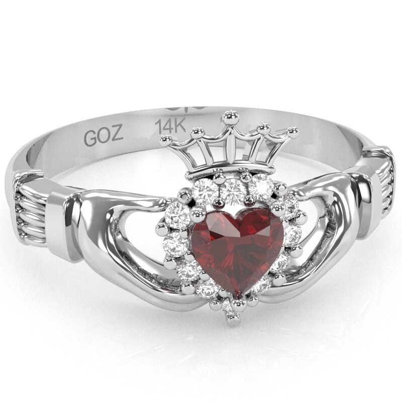 Claddagh Lab Ruby Diamond Ring In Solid 14k Gold