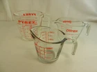 3 Vintage Glass Measuring Cups PYREX J Handles 2Cup/1Cup Anchor Hocking 1Cup