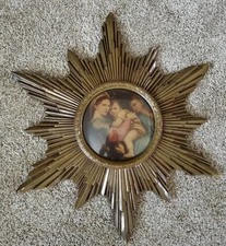 Vintage Rare 24” Syroco Sunburst Convex Mirrorlike Gold Wall Frame w/Holy Family