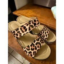 Leopard Print Double Strap Wedge Sandals Women Size 41 Slide Animal Print Brown