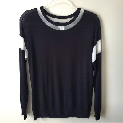 Per Se Black White Sheer Stripe Knit Top M Modern Statement Career Minimalist