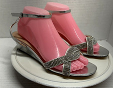 Nina New York Womens Wedge Silver Rhinestone Ankle Strap Open Toe Heels 8M 38