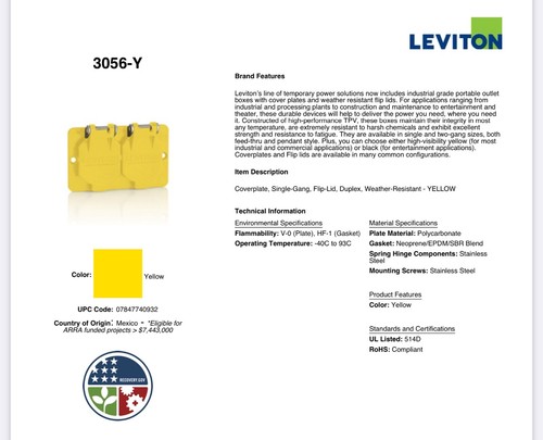 NUOVO Leviton 3056-Y piastra di copertura dimensioni standard con coperchio flip resistente alle intemperie - Foto 3 di 4