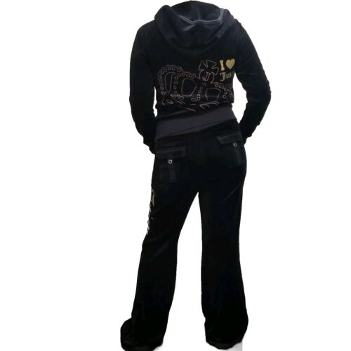 Juicy Couture TrackSuit Matching Set Black Velour Large Med Jacket Pants Pockets - Picture 1 of 7