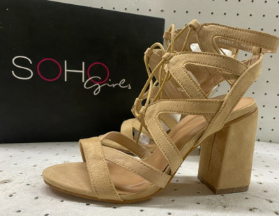 Soho Girls Womens Shoes 8.5 Nude Beige Lauren 2 Block Heels Strappy Lace Up