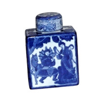Chinese Vintage Blue White Porcelain Tea Caddy with Lid Figural - EUC