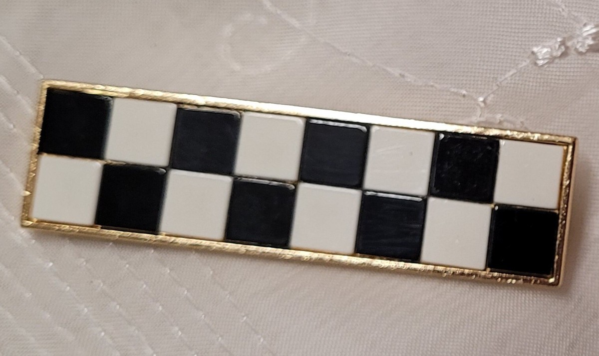 Broche Vintage Damier Celluloïd Noir & Blanc Sur Métal Doré - Modèle #K32 - Occasion