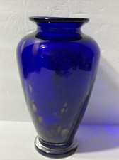 Gorgeous Murano Style Cobalt Blue With Gold Brown Spots Glass Vase 8 3/4 Tall