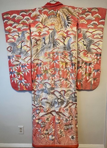 Vintage Antique Japanese Gold Silver Silk Embroidered Kimono 71”