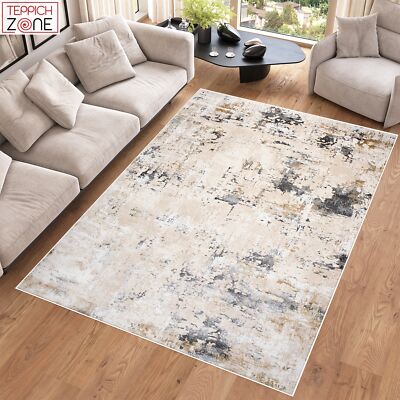 Teppich Kurzflor Glänzend Creme Beige Dunkelgrau Abstrakt  3D Effekt Wohnzimmer
