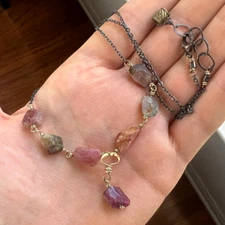 Tourmaline Necklace Multicolor Raw Gemstone Jewelry Artisan Handmade Mixed Metal