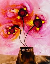 Tonito Original art painting.Organic realism.FLOWERS & Vase.Amazing red colors