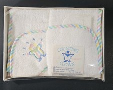 Vtg Triplets Terry Hooded Bath Towel Washcloth Set Embroidered Counting Clown