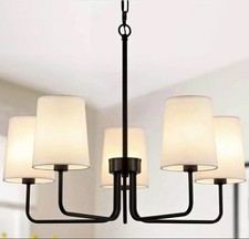 Farmhouse Chandelier, Matte Black with White Fabric Shade, Farmhouse 5-light