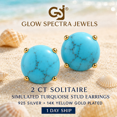 2.00CT Solitaire Turquoise  Stone Stud Erring 925 Silver 14k Yellow Gold Plated