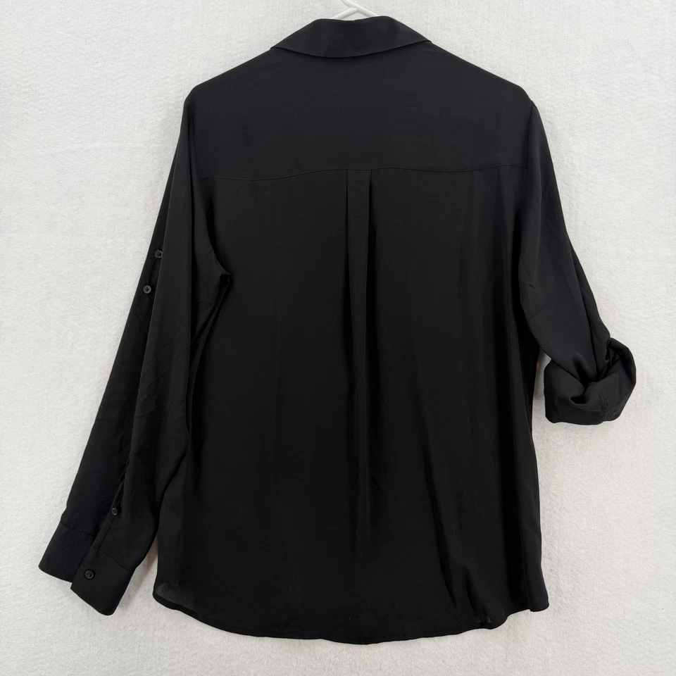 Camisa Express Mujer Grande Negra Botón Frontal Pestaña Enrollable Mangas Blusa Top Cuello en V Foto 2 de 4