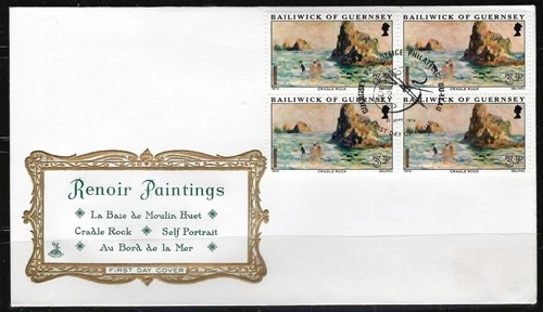 1¢ WONDER'S ~ RENOIR PAINTINGS CRADLE ROCK TOPICAL GUERNSEY BLK4 FDC 1974 ~F18