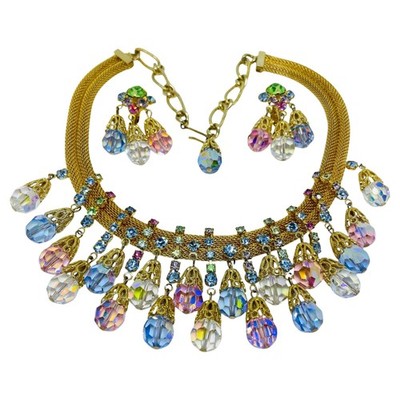 Vintage gold tone aurora crystals massive waterfall necklace earrings set