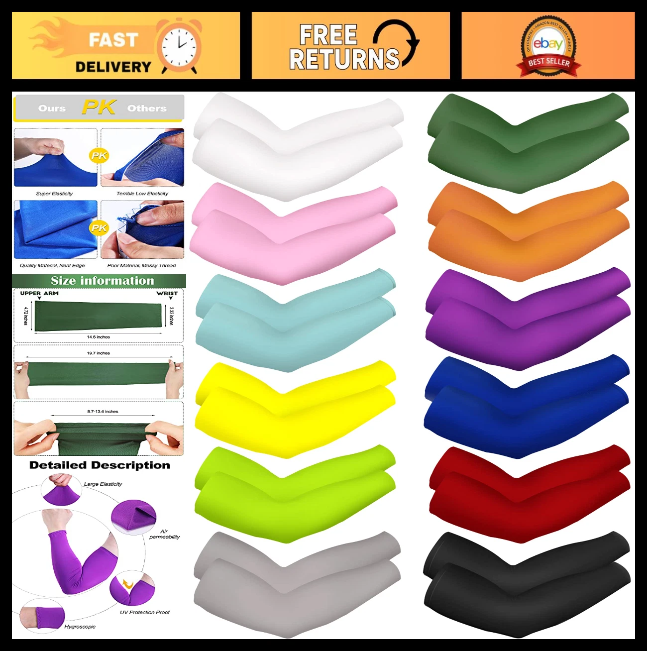 12 Pairs Unisex UV Protection Cooling Arm Sleeves - Long Sun Sleeves for Sports