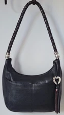 😍 EUC Brighton Barbados Black Pebbled Leather Ziptop Hobo Handbag Purse Bag