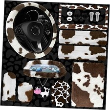 11 Pieces Fluffy Car Accessories Set,Fluffy Cow Print Plush Steering brown