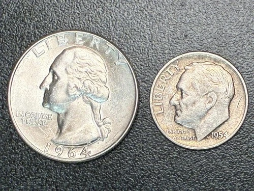 1964 Washington Silver Quarter 1954 D Roosevelt Dime 90% Silver Coin