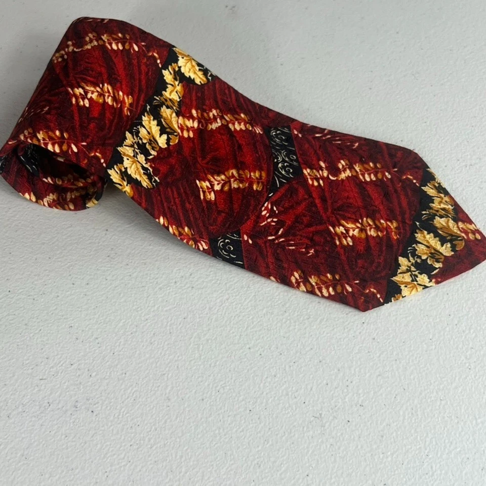 Corbata Ermenegildo Zegna para hombre 100 % seda roja amarilla negra patrón floral abstracto Foto 4 de 4