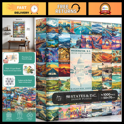 1000 Piece USA States Jigsaw Puzzle - 50 States & D.C. Travel Poster Design, Fun