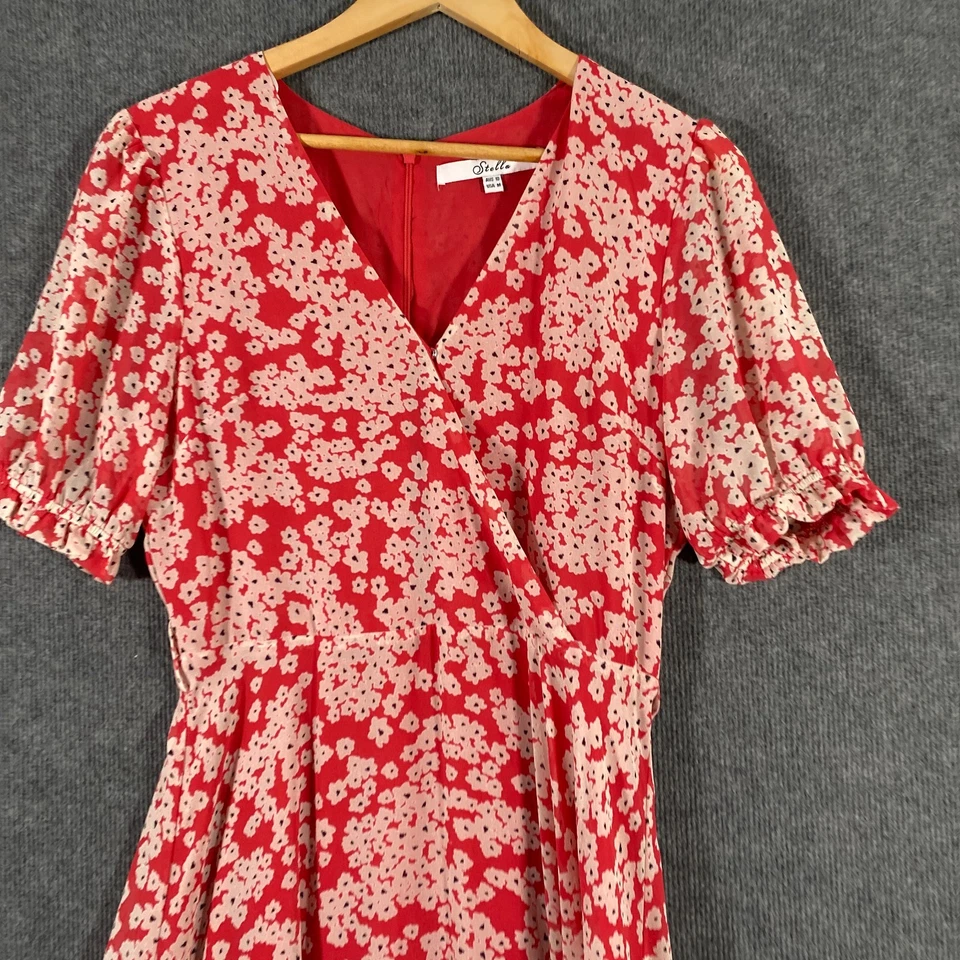 Stella Dress Womens 10 Red Pink A Line Flowers Midi Evening Asymmetrical Flowy - image 2 of 4