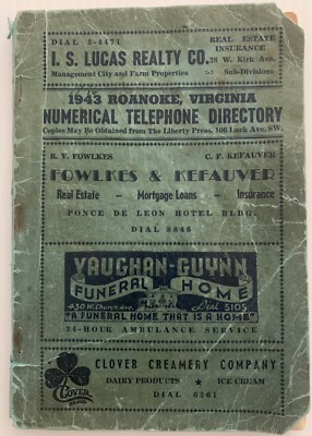 1943 ROANOKE, VA NUMERICAL TELEPHONE DIRECTORY REVERSE PHONE BOOK GENEALOGY